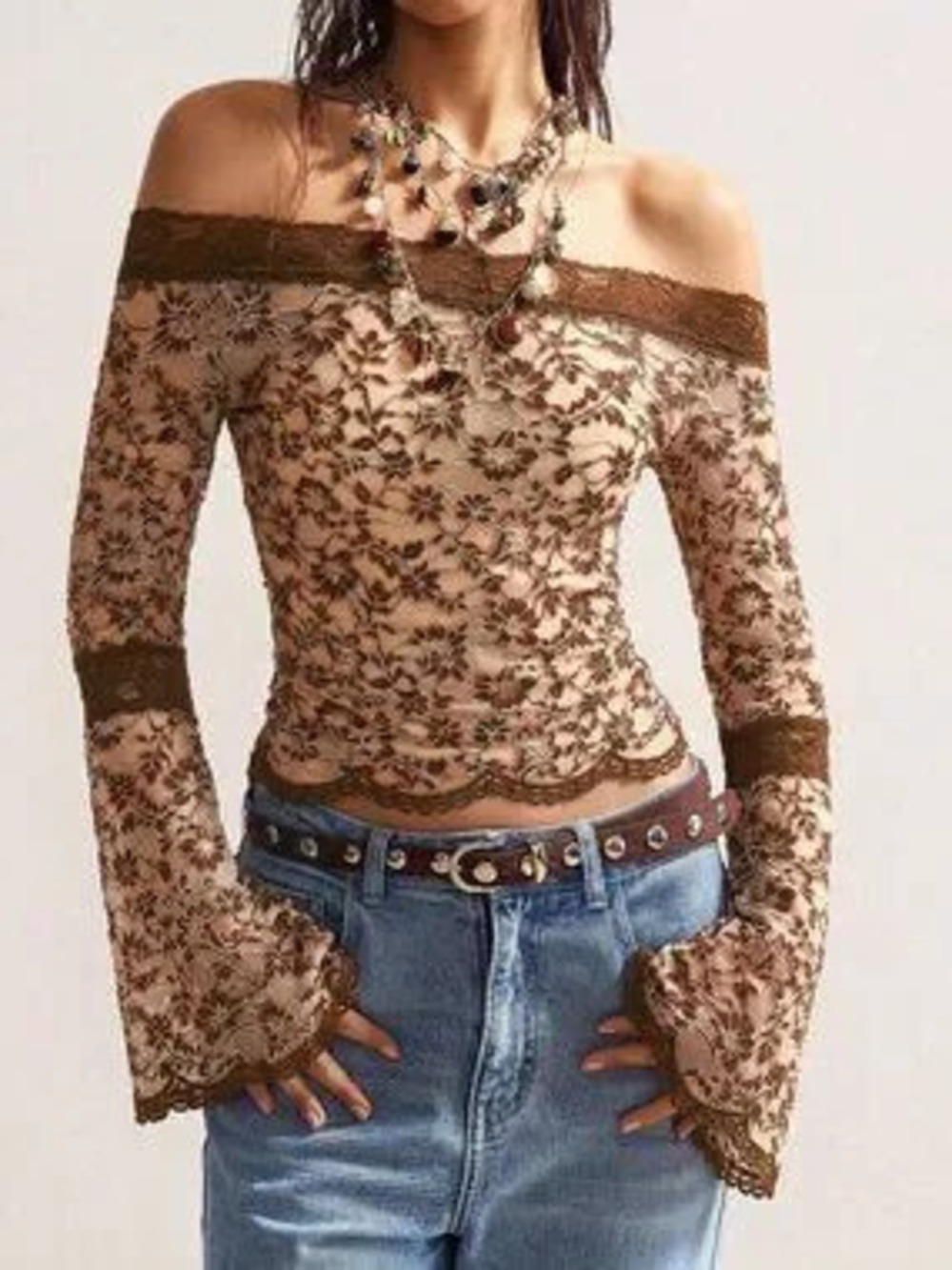 Brown Boho Casual Women's Knit Off-Shoulder Flare Long Sleeve Fitted Top